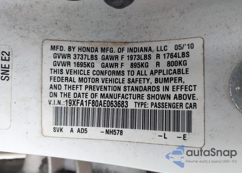 2010 Honda Civic Ex z USA, uszkodzony, nr VIN 19XFA1F80AE063683